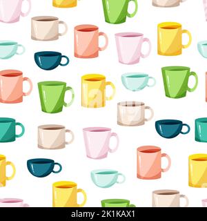 Porcelain mugs seamless print. A set of tea cups. Vector illustration in cartoon flat style Stock Vector
