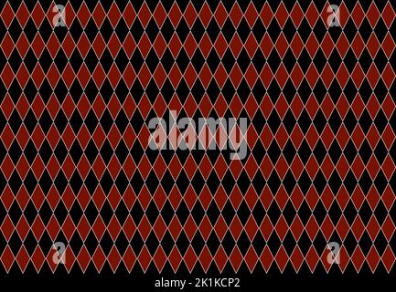 Seamless design of repeated diamonds or rhombuses in black and red with white strokes, harlequin pattern featuring numerous elongated shapes Stock Photo