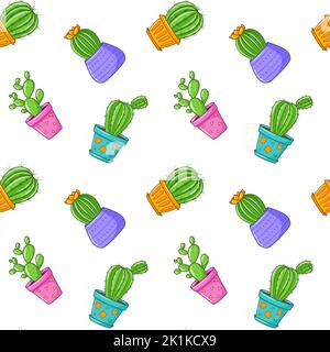 Seamless pattern with different cactus, succulent plant in bright flower pot. Cartoon Cacti. Hand drawing background with houseplants. Vector illustra Stock Vector