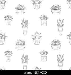 Seamless pattern with hand drawn doodle outline potted cactuses. Home plant, linear succulent. Vector black and white illustration on white background Stock Vector