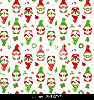 Seamless pattern with cute little gnomes. Christmas elf cartoon characters holding gift, candy cane, wreath. Flat vector elements for fabric, wallpape Stock Vector