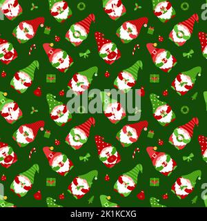 Seamless pattern with small gnomes in caps. Cute Christmas elf characters holding gift, candy, christmas ball. Christmas dwarfs on dark green Stock Vector