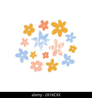 Cute tiny flowers isolated on white background. Vector illustration in hand-drawn flat style. Perfect for cards, logo, decorations, spring and summer Stock Vector