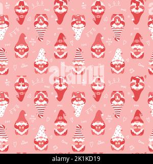 Seamless pattern with Valentines Day cute cartoon gnomes holding hearts and letters LOVE. Pink dwarfs characters and handwritten words. Color vector i Stock Vector