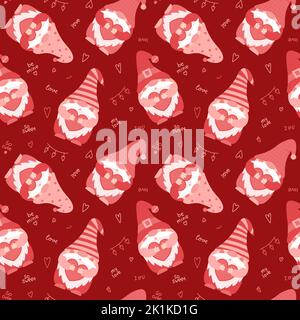 Seamless pattern with Valentine s Day cute cartoon gnomes holding hearts. Pink dwarfs characters and handwritten words. Color vector illustration on a Stock Vector