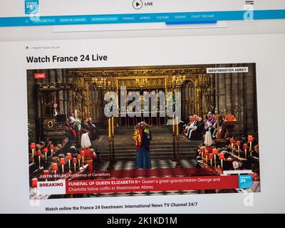 The France 24 Live News website during the funeral of Queen Elizabeth II in London on 19th September 2022. Stock Photo