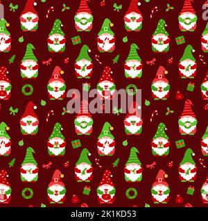 Seamless pattern with small gnomes. Cute Christmas elf cartoon characters holding gift, candy, christmas ball. Flat vector for wrapping paper Stock Vector