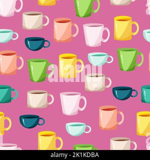 Porcelain mugs seamless print. A set of tea cups. Vector illustration in cartoon flat style Stock Vector