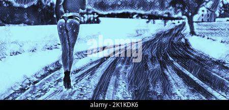 A girl in a bikini walks along a snowy road, panoramic view. Artistic work on a winter theme Stock Photo