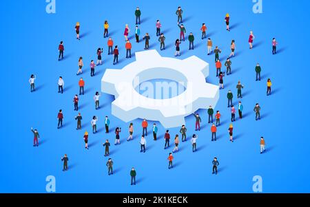 Large group of people standing around gear symbol. Vector illustration Stock Vector