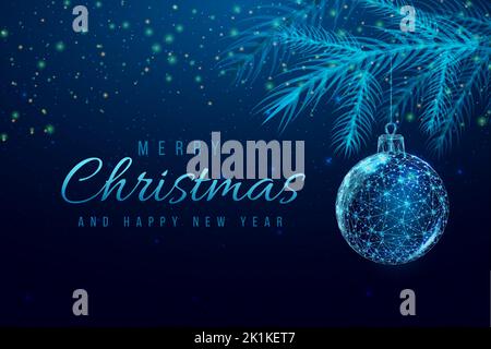 Wireframe Christmas ball and Christmas tree branches, low poly style. New Year banner. Abstract modern 3d vector illustration on blue background. Stock Vector