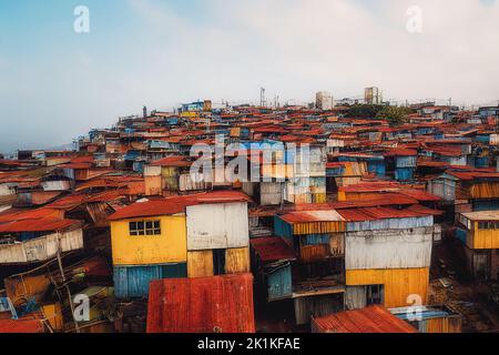 Digitally generated image of makeshift shacks in a poverty stricken ...