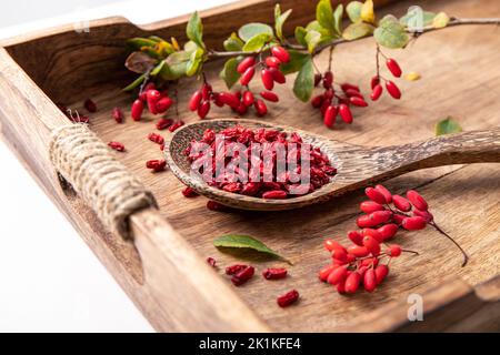 Pile of dried Berberis vulgaris also known as common barberry, European barberry or barberry on plate in home kicthen. Edible herbal medicinal red fru Stock Photo