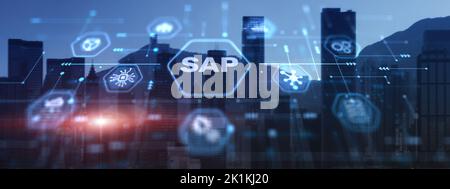 SAP - Business process automation software and management software on city background Stock Photo