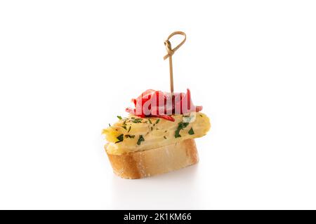 Spanish omelette with red pepper Spanish pintxo isolated on white background Stock Photo