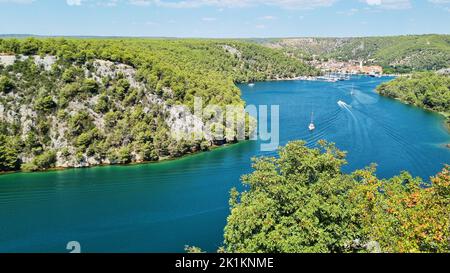 Aerial view of Skradin town on the Krka River in Croatia. View of boats on Krka river, Croatia. Summer day Stock Photo