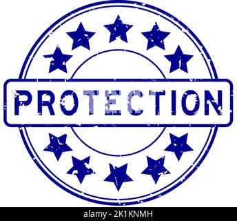 Grunge blue protection word with star icon round rubber seal stamp on white background Stock Vector