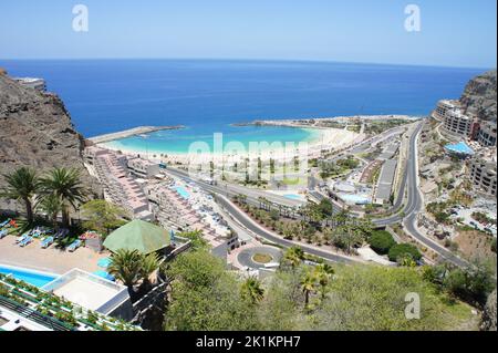 The aerial view of a beachside resort area under the blue sky on a sunny summer day Stock Photo