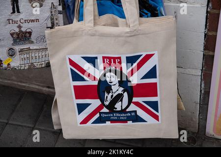 Windsor, Berkshire, UK. 19th September, 2022. Tourist shops were selling Union Jack items this morning in Windsor. Credit: Maureen McLean/Alamy Live News Stock Photo