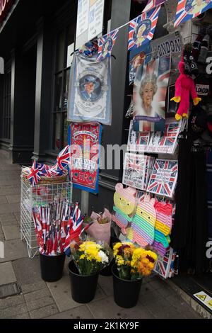 Windsor, Berkshire, UK. 19th September, 2022. Tourist shops were selling Union Jack items this morning in Windsor. Credit: Maureen McLean/Alamy Live News Stock Photo