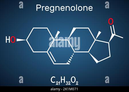 Pregnenolone, P5 molecule. It is neurosteroid, endogenous steroid hormone. Structural formula, dark blue background. Stock Vector