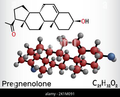 Pregnenolone, P5 molecule. It is neurosteroid, endogenous steroid hormone. Structural formula and molecule model Stock Vector