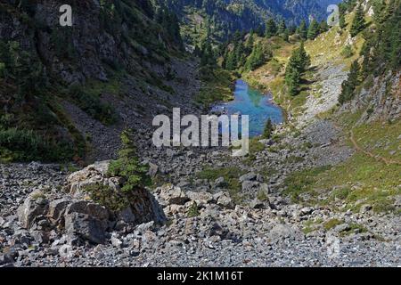 Landscape of forests and mounts around Leama lake in Belledonne mountain range Stock Photo