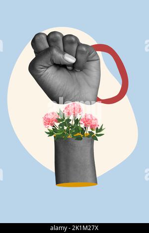 Creative photo 3d collage poster postcard artwork of human arm fist black white gamma rights protest isolated on drawing background Stock Photo