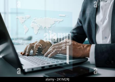 business data analysis on virtual screen. economic growth, stock market, digital marketing, global invest and trading concept. businessman analyzing t Stock Photo