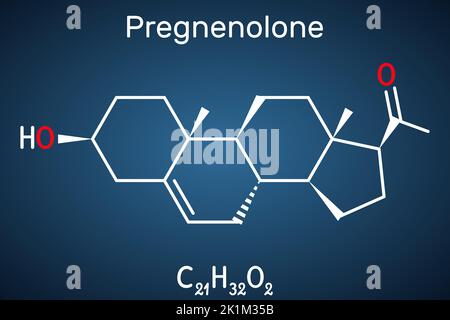 Pregnenolone, P5 molecule. It is neurosteroid, endogenous steroid hormone. Structural formula, dark blue background. Stock Vector