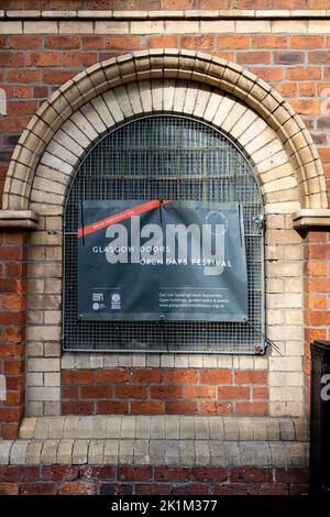 Glasgow Doors Open Days Festival poster on The Pipe Factory, Glasgow, Scotland, UK Stock Photo