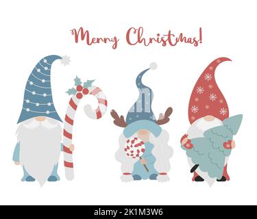 Christmas card family of gnomes. Cute scandinavian gnome girl with lollipop, New year gnome man with Christmas tree and caramel stick. Vector illustra Stock Vector