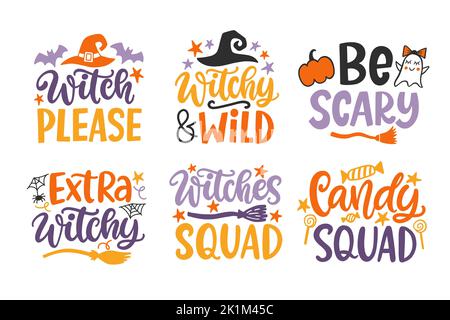Set of Halloween Witch Hand Drawn Cute Lettering phrases Stock Vector