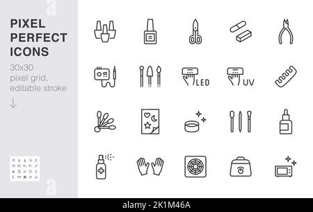 Manicure line icon set. Pedicure tools - uv lamp, nail polish, cuticle oil, rub, hood minimal vector illustration. Simple outline sign for beauty Stock Vector