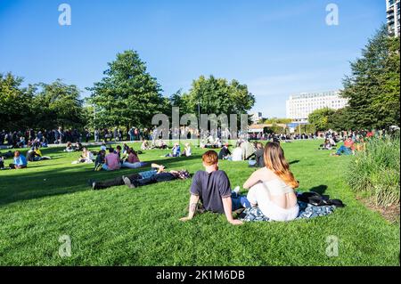 London, United Kingdom - September 17 2022: A crowd of people who came to pay respects to Queen Elizabeth II. Spectators watching part of queue Stock Photo