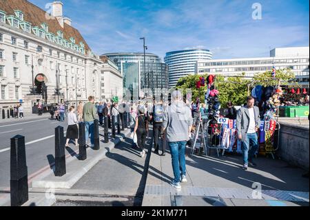 London, United Kingdom - September 17 2022: Crowd of people who came to pay respects to Queen Elizabeth II. Queue along river Thames to Westminster Stock Photo
