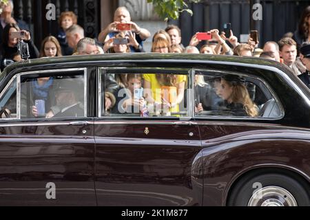 London, UK. 19 September 2022. Princess Beatrice sits next to Princess Eugenie following the Ceremonial Procession along Pall Mall, following the State Funeral of Queen Elizabeth II at Westminster Abbey. On 8 September 2022, Elizabeth II, Queen of the United Kingdom and the other Commonwealth realms, died at the age of 96 at Balmoral Castle in Scotland. The oldest living and longest-reigning British monarch. Credit: SMP News / Alamy Live News Stock Photo