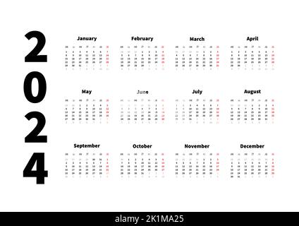2024 year simple horizontal calendar in english language, typographic calendar isolated on white Stock Vector