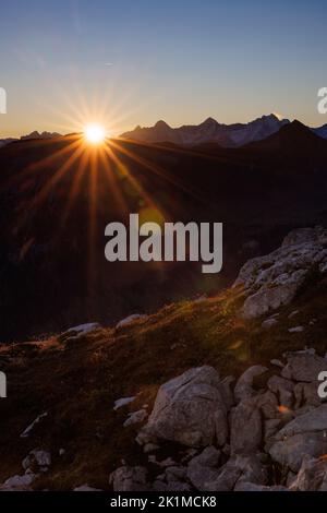 sunrise with Eiger Mönch and Jungfrau seen from Diemtigtal Stock Photo