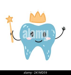 Hand drawn tooth fairy with crown and star magic wand in cartoon flat style. Vector illustration of kawaii tooth character for stickers, web design, k Stock Vector