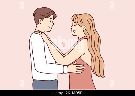 Happy couple in love hugging enjoy romantic date together. Smiling man and woman embracing showing affection and care. Relationship concept. Vector illustration.  Stock Vector