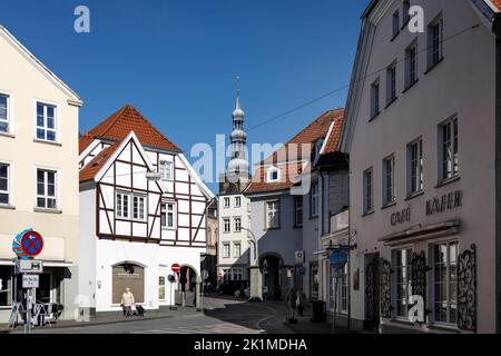Old town in the center of Soest, church tower of St. Petrikirche, main church of the evangelical St. Petri-Pauli parish Stock Photo
