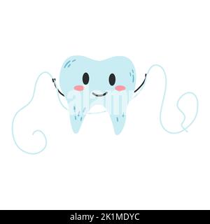 Hand drawn kawaii tooth character using dental floss in cartoon flat style. Vector illustration of teeth cleaning process, dental care concept, oral h Stock Vector