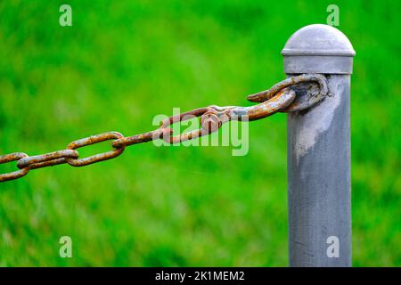 Detail of chain connected to pole for security and protection green background Stock Photo
