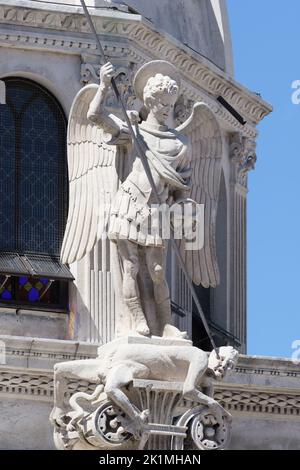 Sibenik, Croatia - July 13, 2022: : Statue of St. Jacob on the Cathedral of St. Jacob in Sibenik. Stock Photo