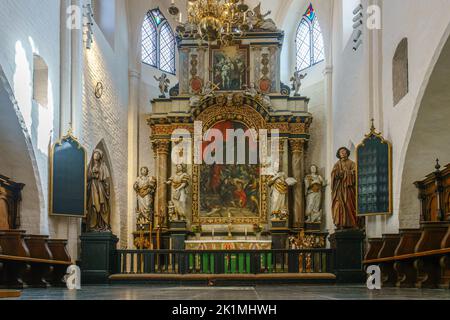 Ystad, Sweden - 13 Sep, 2022: Tighter shot of the altar in the church wich was buildt in the twelve hundres. Stock Photo