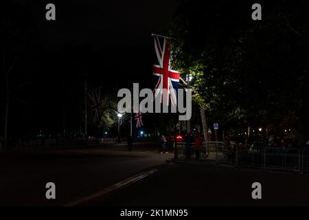 The Mall during the night prior to Her Majesty The Queen Elizabeth II funeral procession in London City Centre, London, United Kingdom, 19th September 2022  (Photo by Richard Washbrooke/News Images) Stock Photo