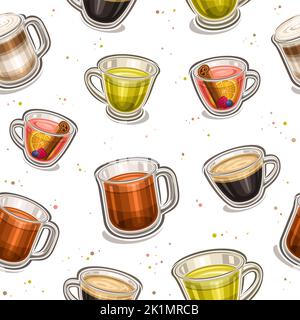 Vector Hot Drinks seamless pattern, square repeating background with cut out illustrations of group different hot coffee and cold tea drinks in clear Stock Vector