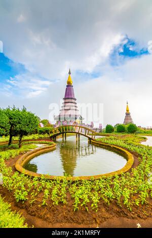 The royal stupa and pagoda dedicated to the king and queen of Thailand in Doi Inthanon national park near Chiang Mai city. 'Phra Maha Dhatu Nabha Meta Stock Photo