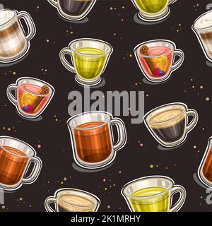 Vector Hot Drinks seamless pattern, square repeating background with cut out illustrations of group different hot coffee and cold tea drinks in clear Stock Vector